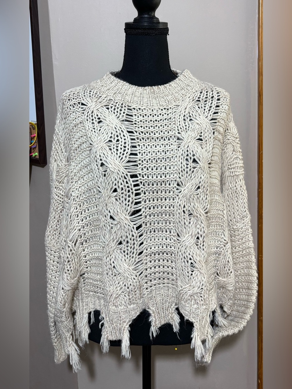 Chunky beige cable knit sweater with shark bite hem. Size S/M. Oversized. NWT.